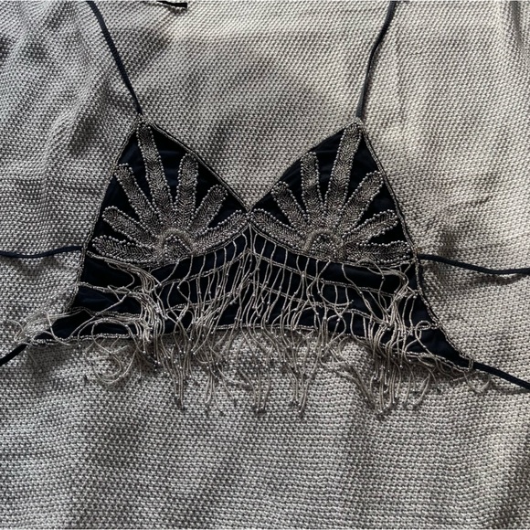 Black and Silver Beaded Festival Bellydance Crop Top with Beaded Fringe Medium - Picture 2 of 7